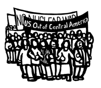 Drawing of demonstrators marching against U.S. militarism.  Signs read "U.S. Out of Central America" and "No Nuclear War"