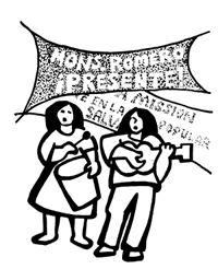 Drawing of musical demonstrators playing drums and guitar.  There are banners reading "Mons. Romero Presente" and other things.!