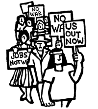 Drawing of social justice demonstrators.  Signs read "U.S. Out Now," "No War," and "Jobs Not War."
